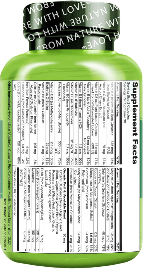 NATURELO Teen Multivitamin - Whole Food Multivitamin with Minerals for Active Kids, Non-GMO, Vegan & Vegetarian, 60