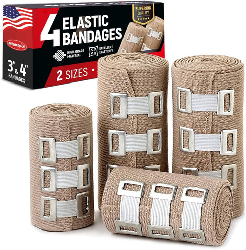 Premium Elastic Bandage Wrap - 4pk (2x3in, 2x4in) + 12 Extra Clips - Strong Compression Bandage Wrap for Wrists,
