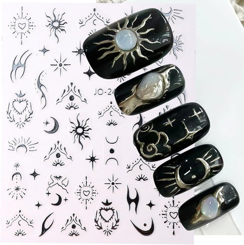 Laser Silver Nail Art Sticker Decal, Sun Moon Butterfly Design, 3D Self-Adhesive Nail Art Supplies, 6 Sheets