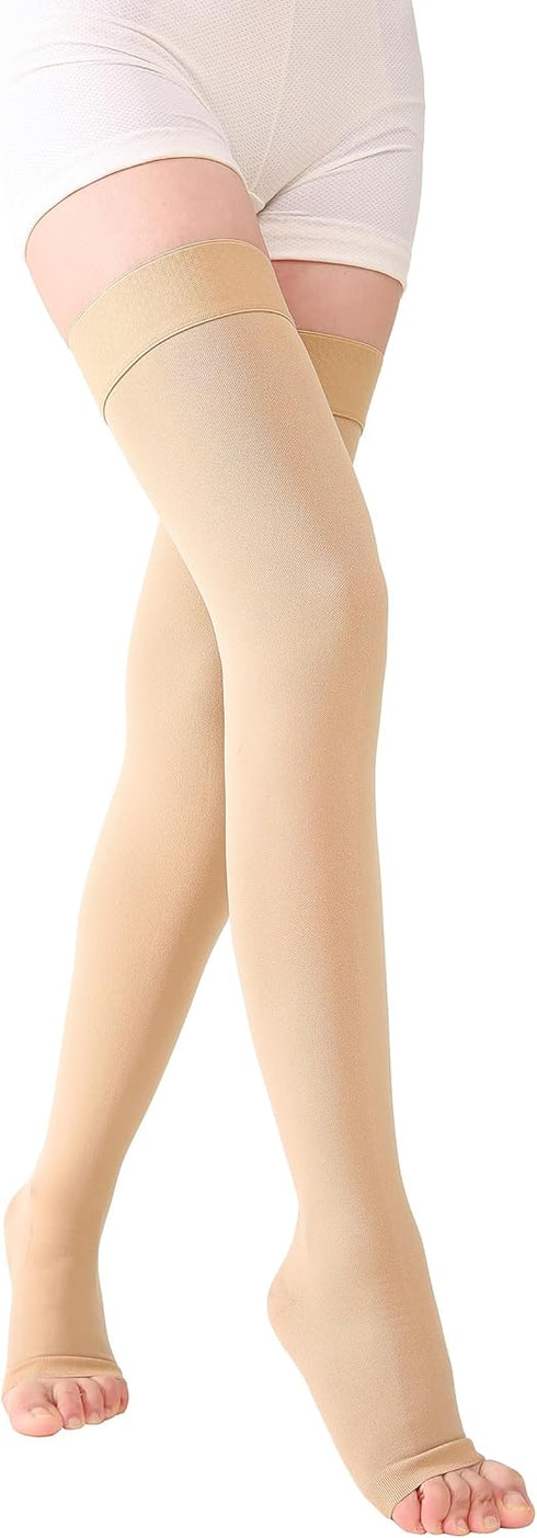 TOFLY 1 Pair Thigh High Open Toe Compression Stockings 15-20mmHg - Comfortable Unisex Design with Silicone Dot Band -