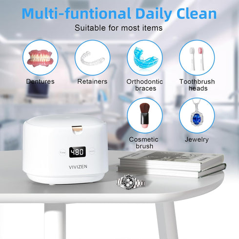 Ultrasonic Retainer Cleaner, Portable 30W/45kHz Sonic Dental Cleaning Pod for Aligners, Braces, Jewelry, and Dentures