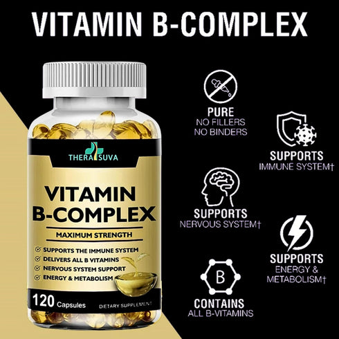 Max Strength Vitamin B-Complex + CoQ10 + Vitamin C - Energy & Metabolism Support Supplement - 120 Softgels