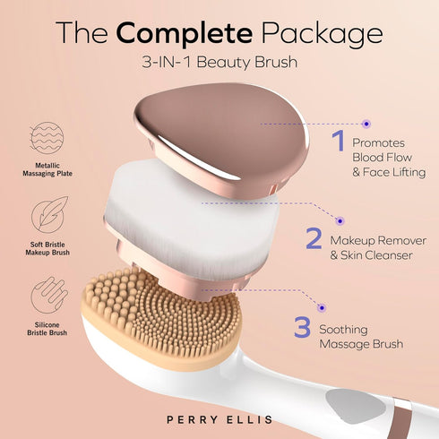 Perry Ellis 3-in-1 Massaging Beauty Brush for Women, Eye Massager & Facial Cleansing Brush, Battery Operated
