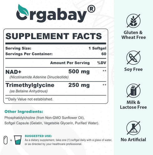 Liposomal NAD+ Supplement 500 mg, High Absorption, Boost NAD+ with TMG 250 mg, Actual NAD plus More Efficient Than Nicotinamide Riboside, Support Cellular Energy, Healthy Aging | 60 Softgels
