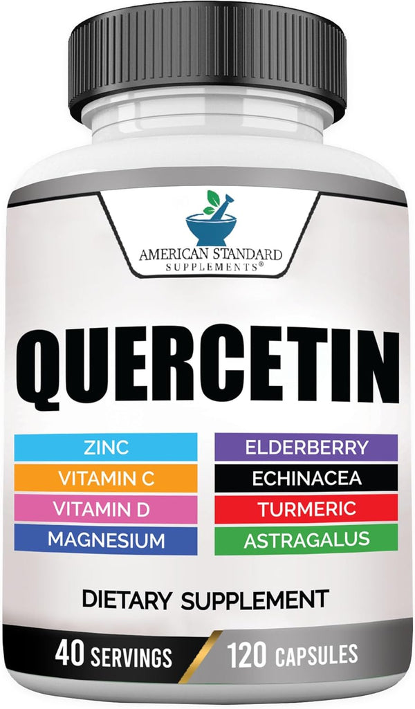 American Standard Supplements Quercetin 1000mg - 120 Capsules with Zinc, Vitamin C, D3, Magnesium & Elderberry, Gluten