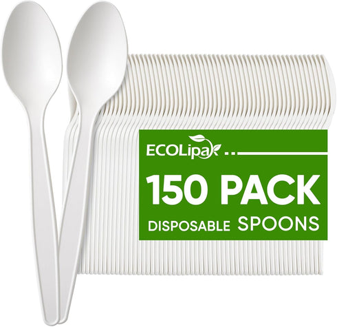 ECOLipak 150 Pcs Disposable Spoons, 6.7" Large Size White Disposable Spoons, Heavy Duty No Plastic Spoons for Party,
