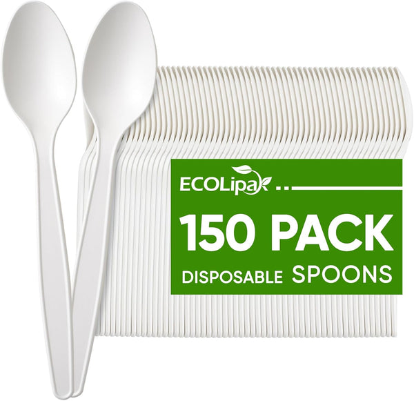 ECOLipak 150 Pcs Disposable Spoons, 6.7" Large Size White Disposable Spoons, Heavy Duty No Plastic Spoons for Party,