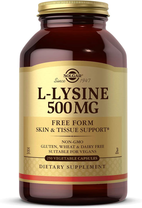 Solgar L-Lysine 500 mg, 250 Vegetable Capsules - Non-GMO, Vegan, Gluten Free - Enhanced Absorption & Collagen Support