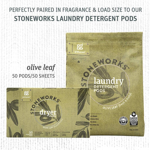 Grab Green Stoneworks Laundry Detergent Pods and Dryer Sheet Bundle - 50 Count Pods and 80 Dryer Sheets, Olive Leaf