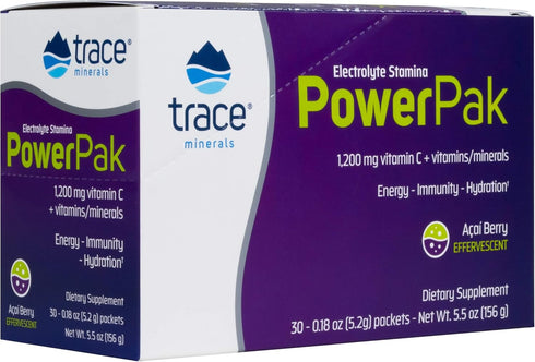Trace Minerals Power Pak Electrolyte Powder Packets, 30 Packets, Acai Berry, 1200 mg Vitamin C, Zinc, Magnesium
