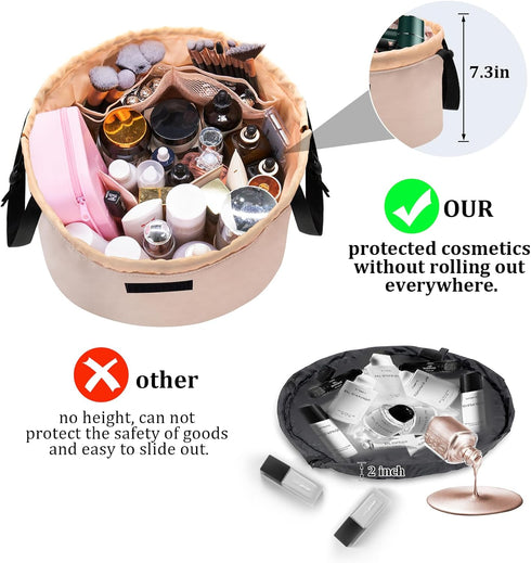 Barrel Drawstring Large Makeup Bag, Portable Travel Cosmetic Organizer for Toiletry Accessories, Khaki