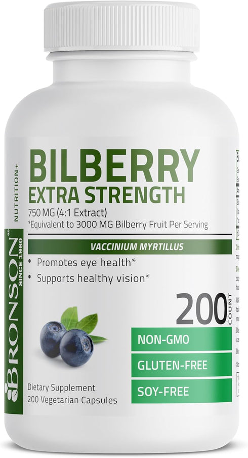 Bronson Bilberry Extra Strength Vaccinium Myrtillus, Promotes Eye Health, Non-GMO, 200 Vegetarian Capsules