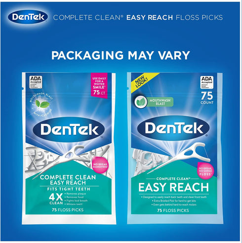 DenTek Complete Clean | Easy Reach Angled Floss Picks, No Break & No Shred Floss, 75 Count in Each (Pack of 5)