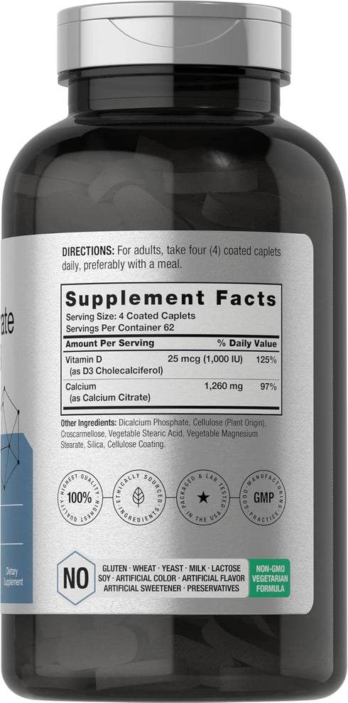 Horbaeach Calcium Citrate with Vitamin D3 | 1260 mg 1000IU | 250 Caplets | Vegetarian, Non-GMO, Gluten Free Supplement