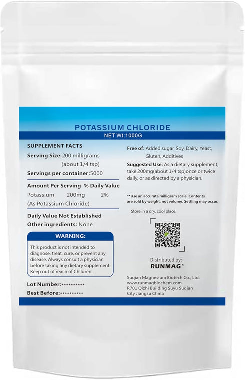 RUNMAG 1kg (2.2 lbs) Potassium Chloride, Salt Substitute, Food Grade Powder
