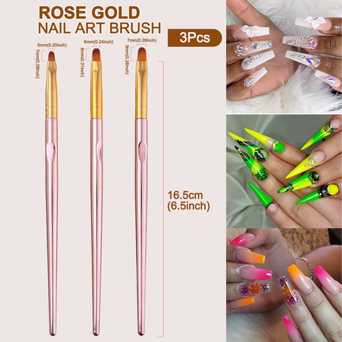 SILPECWEE 3 Pcs Oval Nail Brush Set - Rose Gold Acrylic Nail Art Brushes for Manicure