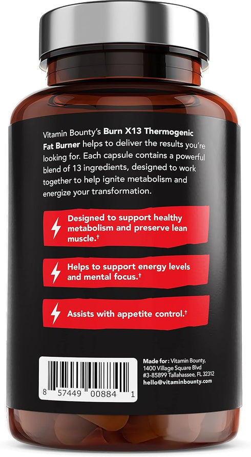Vitamin Bounty Burn X13 - Thermogenic Fat Burner, 60 Capsules for Men & Women, Supports Muscle Growth & Energy