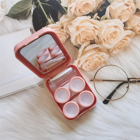Pink Contact Lens Case Travel Kit - Portable Case with Mirror Tweezers and Solution Bottle