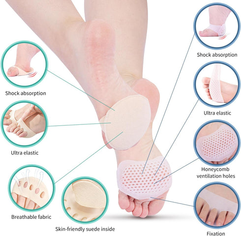 Metatarsal Pads - AMODOST Ball of Foot Cushions for High Heels, Soft Gel and Silk Reusable Pain Relief (4 Pairs)