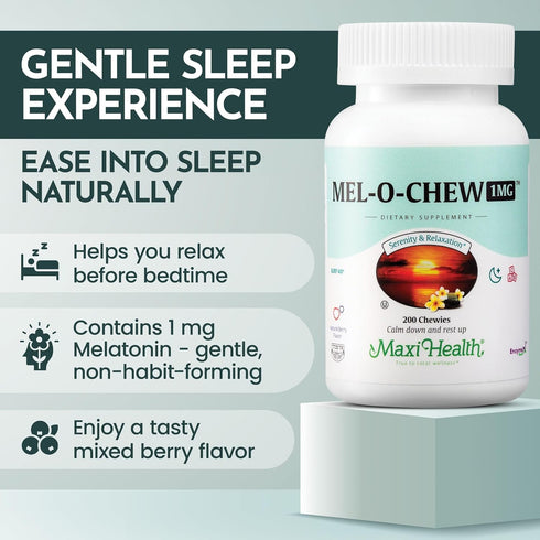 Maxi Health Melatonin 1mg Chewable, Sleep Aid Supplement, Non-Habit Forming, 200 Units