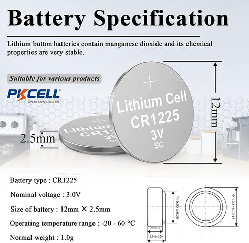 PKCELL CR1225 3V Lithium Button Battery for Thermometer (5 Counts)