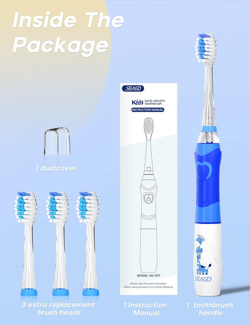 SEAGO Kids Electric Toothbrush, 2 Mins Brushing Timer, 4 Replacement Brush Heads, Blue Color for Ages 4-12