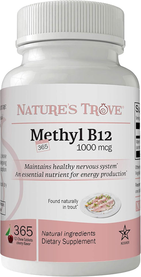 Nature's Trove Vitamin B12 Methylcobalamin 1000 mcg - 365 Count - B12 Chewable Vitamins, Cherry Flavor