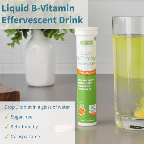 Super B-Complex Liquid B-Vitamin Effervescent Drink, Methylated, Fast Action Energy Supplement, Caffeine-Free, Sugar-Free, Orange Flavor, Vegan, 20 Effervescent Tablets, by Igennus