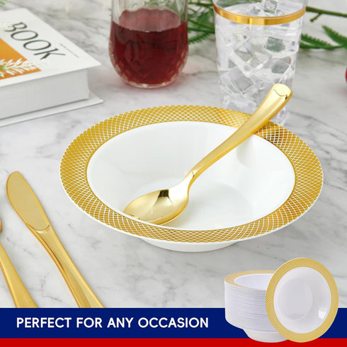 JOLLY CHEF 50 Plastic Bowls with Gold Rim, 12oz Disposable Soup Bowls, Heavy Duty for Parties and Catering