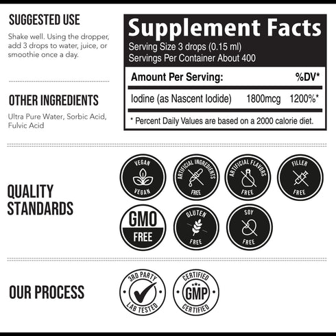 Nascent Iodine Supplement, 400 Servings, Vegan, 1800 mcg - 600 mcg per Drop, Pure Clear Color for Thyroid Health,