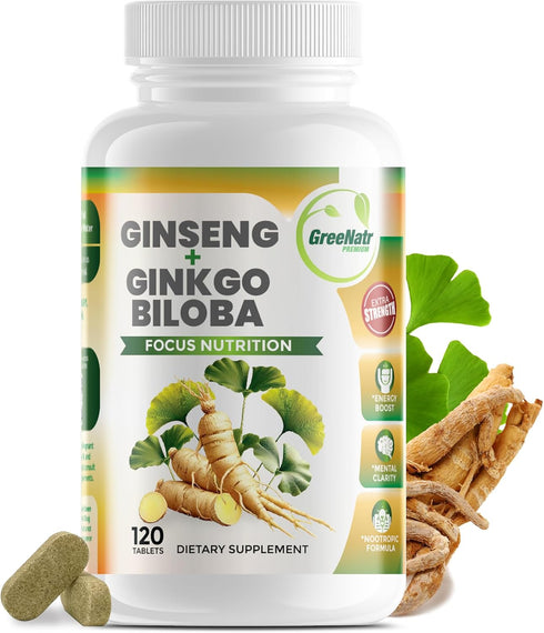 Ginko Biloba & Panax Ginseng Supplement - Red Ginseng Brain Supplement for Memory, Focus, and Good Vision - 120 Tablets