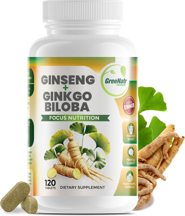 Ginko Biloba & Panax Ginseng Supplement - Red Ginseng Brain Supplement for Memory, Focus, and Good Vision - 120 Tablets