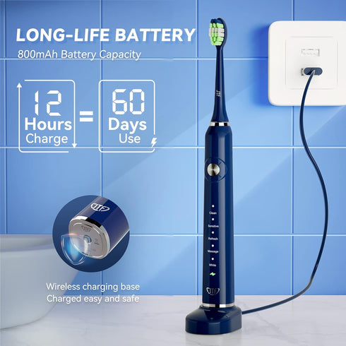 JTF Sonic Electric Toothbrush for Adults - Fast Rechargeable Toothbrush with Travel Case and 6 Brush Heads, 5 Modes Smart Toothbrushes, Navy Blue