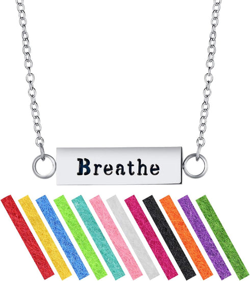 Set 24" 12 Wild Essentials "Breathe" Essential Oil Diffuser Bar Necklace Gift Aromatherapy Pendant, Stainless Steel