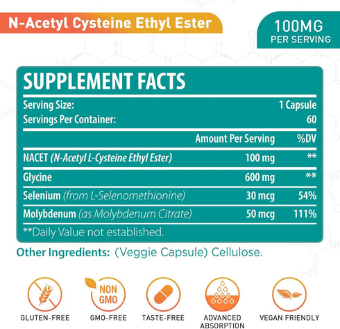 N-Acetyl Cysteine Ethyl Ester 100mg with Glycine 600mg, Immune System Support & Antioxidant, NACET (60 Capsules)