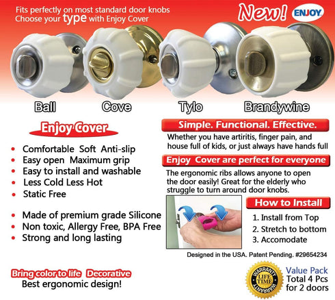 Enjoy Cover Door Knob Cover Grips, Non-Slip Arthritis & Senior Living Aids, 4 Pack (White, Cove)