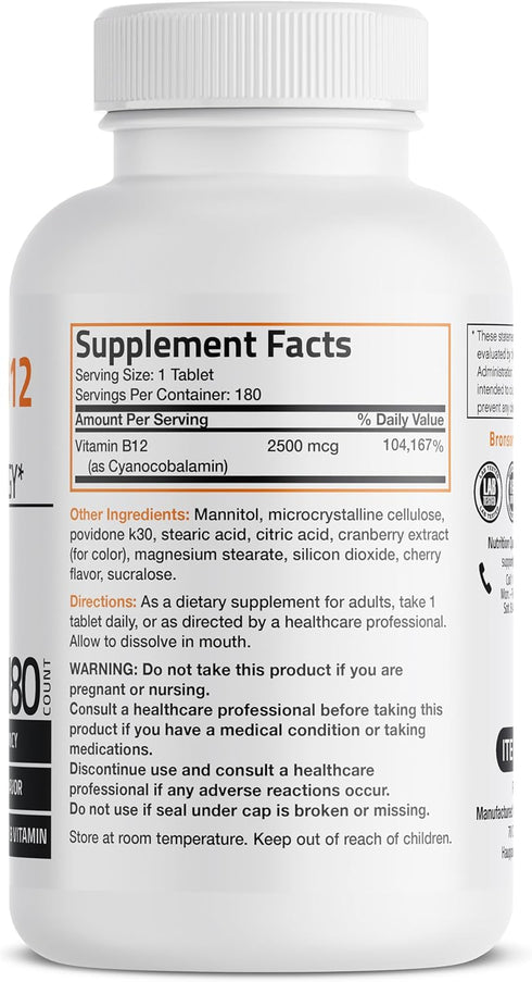 Vitamin B12 2500mcg Shot Of Energy Fast Dissolve Chewable Tablets - Quick Release Cherry Flavored Sublingual B12 Vitamin - Supports Nervous System, Healthy Brain Function Energy Production – 180 Count
