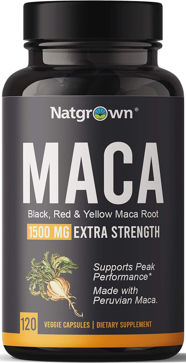 Natgrown Organic Maca Root Powder Capsules, 1500 mg with Black, Red, Yellow Peruvian Maca Extract