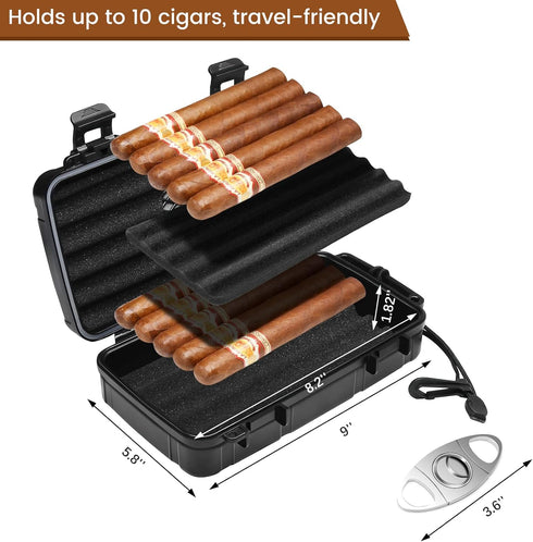 Flauno Travel Cigar Humidor Case, Portable Box with Humidifier Disc & Cutter, Waterproof and Airtight for 10 Cigars