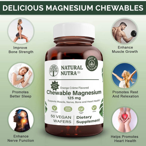 Natural Nutra Chewable Magnesium Supplement with Citrate and Chelate for Kids and Adults, 125mg, 50 Vegan Wafers
