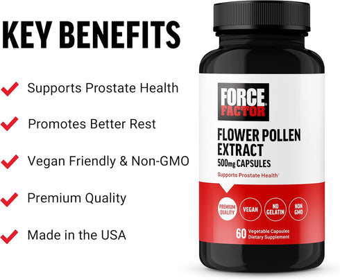 FORCE FACTOR Flower Pollen Prostate Support Supplement for Men’s Health, Prostate Health Supplement, 500mg Flower Pollen Capsules, Vegan, No Gelatin, Non-GMO, 60 Capsules