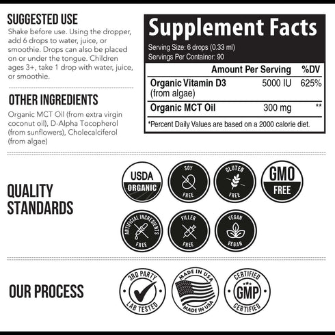 Plant-D3 D3 5000 D3 200% 100% (1oz Organic Vitamin IU - Vegan, Max Strength Sublingual Liquid Drops - Higher Absorption