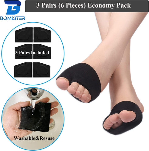 3 Pairs of Metatarsal Pads, Ball of Foot Cushions for Pain Relief of Bunions & Morton's Neuroma, Large, Black