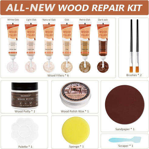 Natural Oak Wood Furniture Repair Kit - 6 Colors Wood Filler with Wood Putty, Polish Wax for Tables, Doors, Floors,