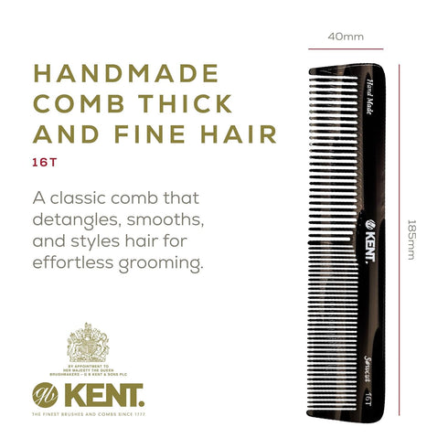 Kent 16TG Fine Tooth and Wide Tooth Comb - Handmade Styling Comb for All Hair Types, Grooming Combs
