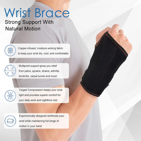 Wrist Brace for Carpal Tunnel, Night Sleep Support Splint with Compression Sleeve for Pain Relief (Left Hand, Black,