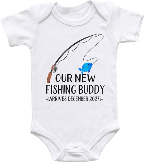 Our New Fishing Buddy Arrives - Customizable Pregnancy Announcement Baby Bodysuit -