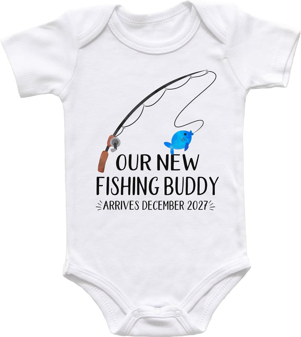 Our New Fishing Buddy Arrives - Customizable Pregnancy Announcement Baby Bodysuit -