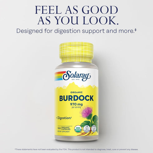 SOLARAY Organic Burdock Root 970 mg, 100 Organic Capsules, Digestive Support