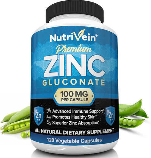 Nutrivein Premium Zinc Gluconate 100mg - 120 Capsules, Boosts Immune System & Promotes Healthy Skin